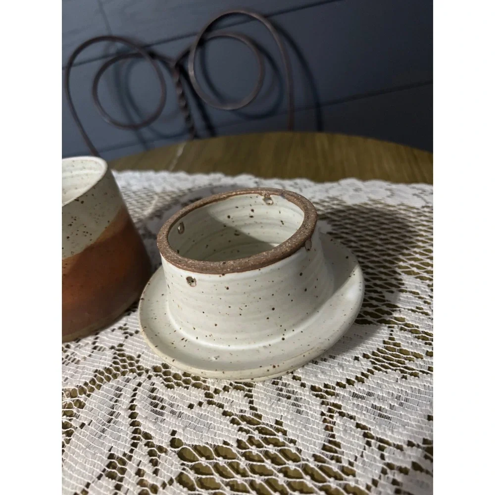 Windfall Studio Pottery Butter Bell Crock Speckled Cream Brown Stoneware Signed